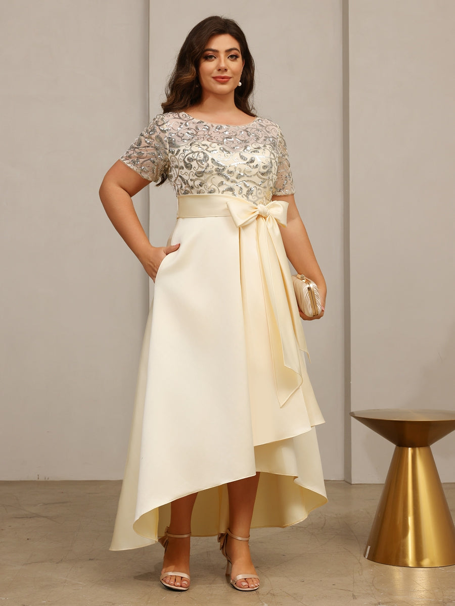 A-Line/Princess Scoop Neck Asymmetrical Mother of the Bride Dresses with Bow Sequins