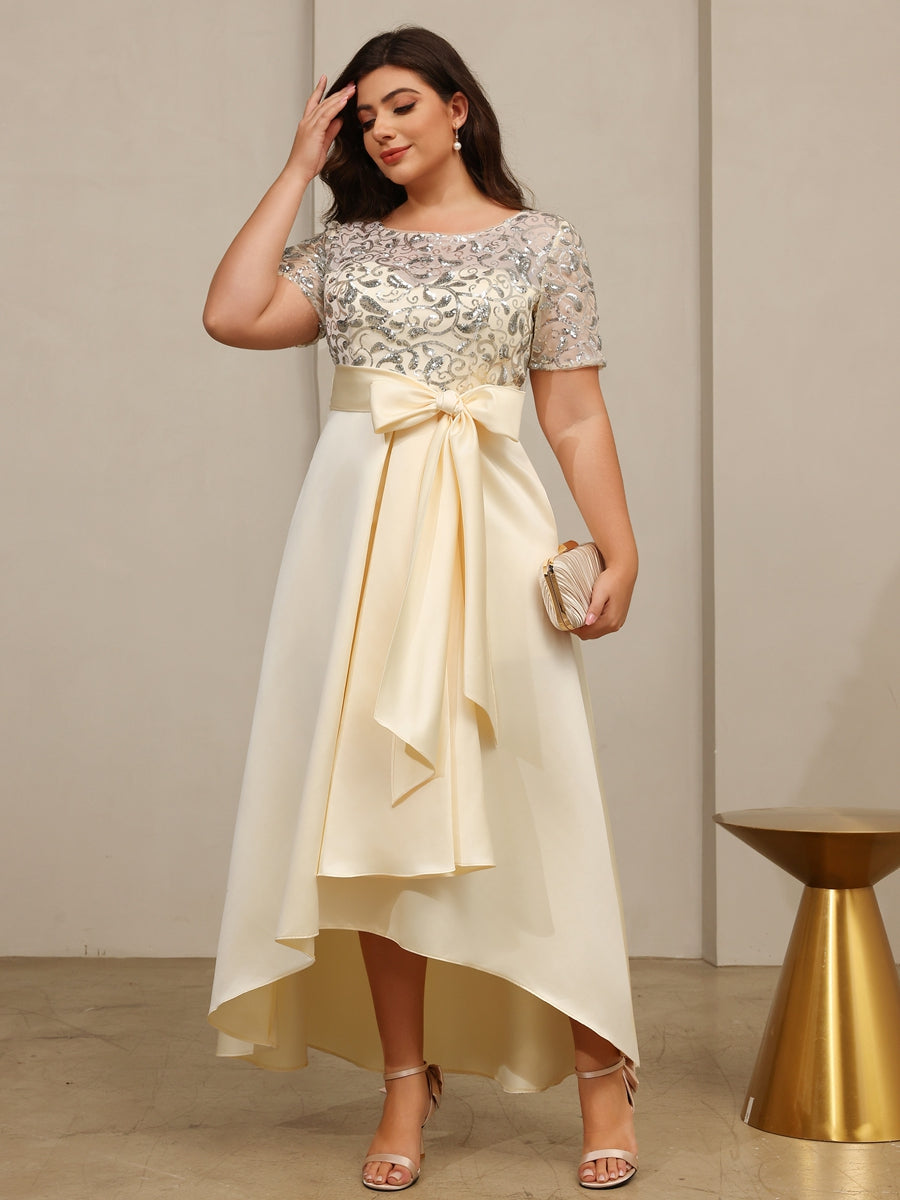 A-Line/Princess Scoop Neck Asymmetrical Mother of the Bride Dresses with Bow Sequins