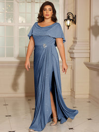 A-Line/Princess Scoop Neck Asymmetrical Long Mother of the Bride Dresses with Pleated Slit