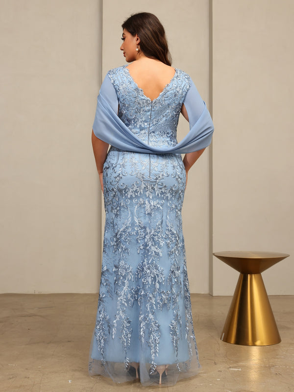 Dusty Blue Mother of the Bride Dresses 2026 for Women V Neck Lace Appliques Cape Sleeve Sheath Floor Length Formal Wedding Guest Dress