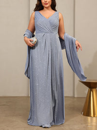 Sheath/Column V-Neck Pleated Ruffles Floor-Length Mother of the Bride Dresses with Shawl