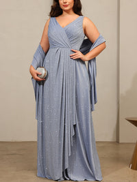 Sheath/Column V-Neck Pleated Ruffles Floor-Length Mother of the Bride Dresses with Shawl