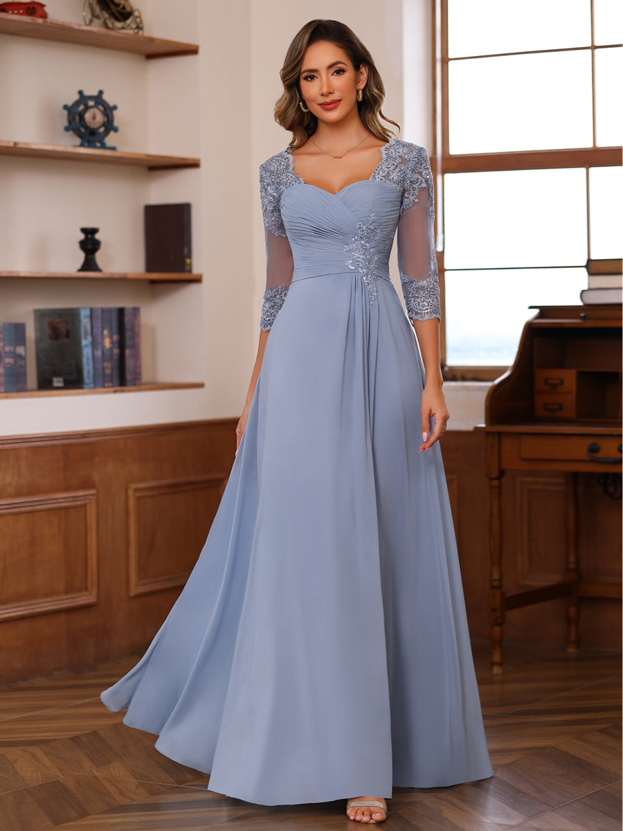 A-Line/Princess V-Neck 3/4 Sleeves Mother of the Bride Dresses with Pleated Lace Appliques