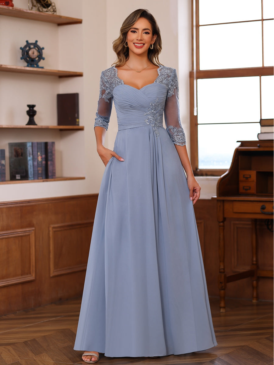 A-Line/Princess V-Neck 3/4 Sleeves Mother of the Bride Dresses with Pleated Lace Appliques