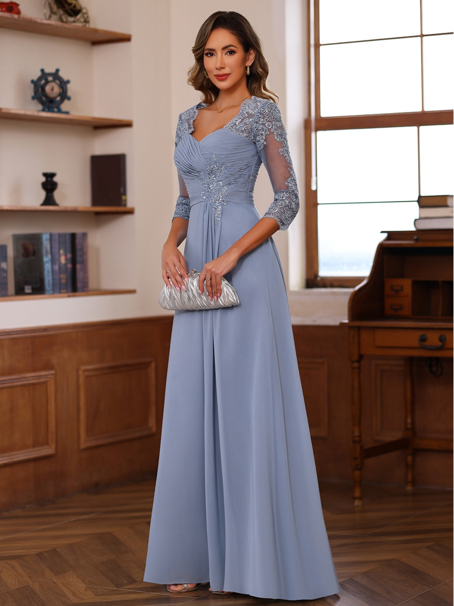 A-Line/Princess V-Neck 3/4 Sleeves Mother of the Bride Dresses with Pleated Lace Appliques