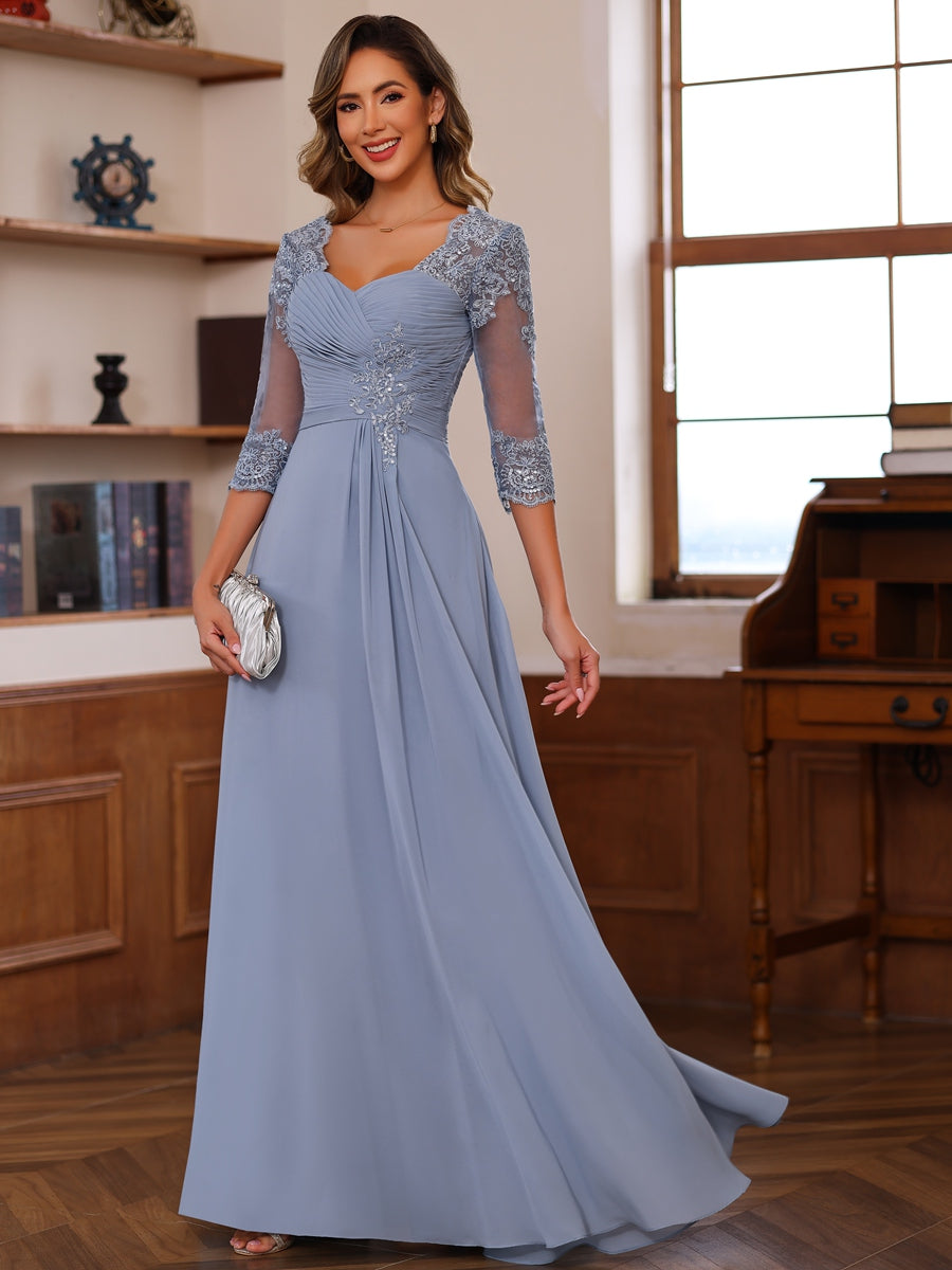 A-Line/Princess V-Neck 3/4 Sleeves Mother of the Bride Dresses with Pleated Lace Appliques