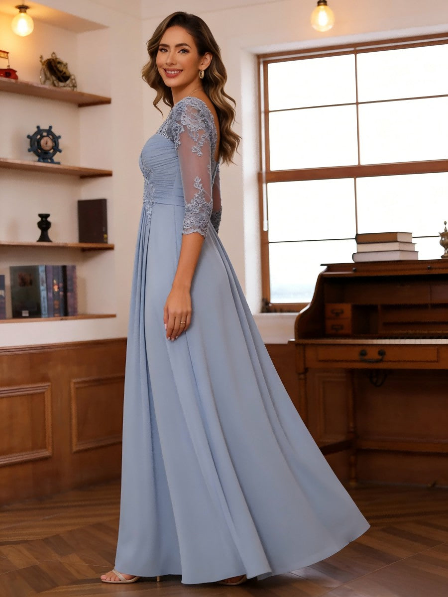 A-Line/Princess V-Neck 3/4 Sleeves Mother of the Bride Dresses with Pleated Lace Appliques