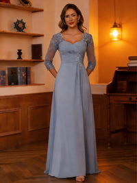 A-Line/Princess V-Neck 3/4 Sleeves Mother of the Bride Dresses with Pleated Lace Appliques