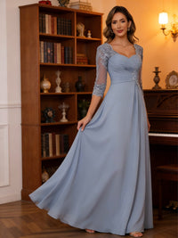 A-Line/Princess V-Neck 3/4 Sleeves Mother of the Bride Dresses with Pleated Lace Appliques