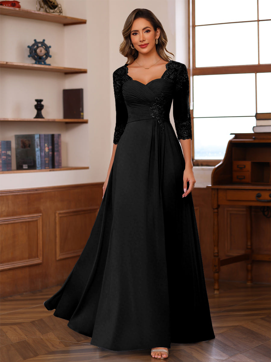 A-Line/Princess V-Neck 3/4 Sleeves Mother of the Bride Dresses with Pleated Lace Appliques
