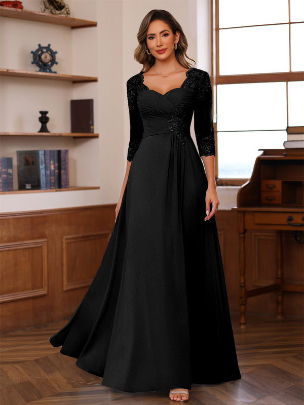 A-Line/Princess V-Neck 3/4 Sleeves Mother of the Bride Dresses with Pleated Lace Appliques