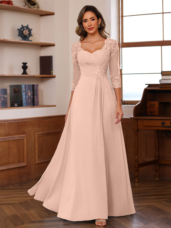 A-Line/Princess V-Neck 3/4 Sleeves Mother of the Bride Dresses with Pleated Lace Appliques