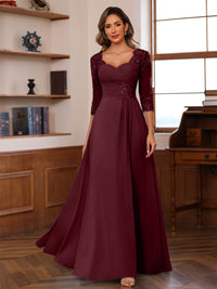 A-Line/Princess V-Neck 3/4 Sleeves Mother of the Bride Dresses with Pleated Lace Appliques