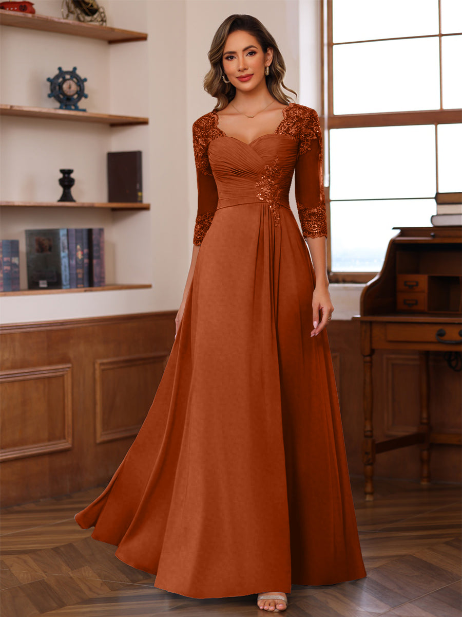 A-Line/Princess V-Neck 3/4 Sleeves Mother of the Bride Dresses with Pleated Lace Appliques