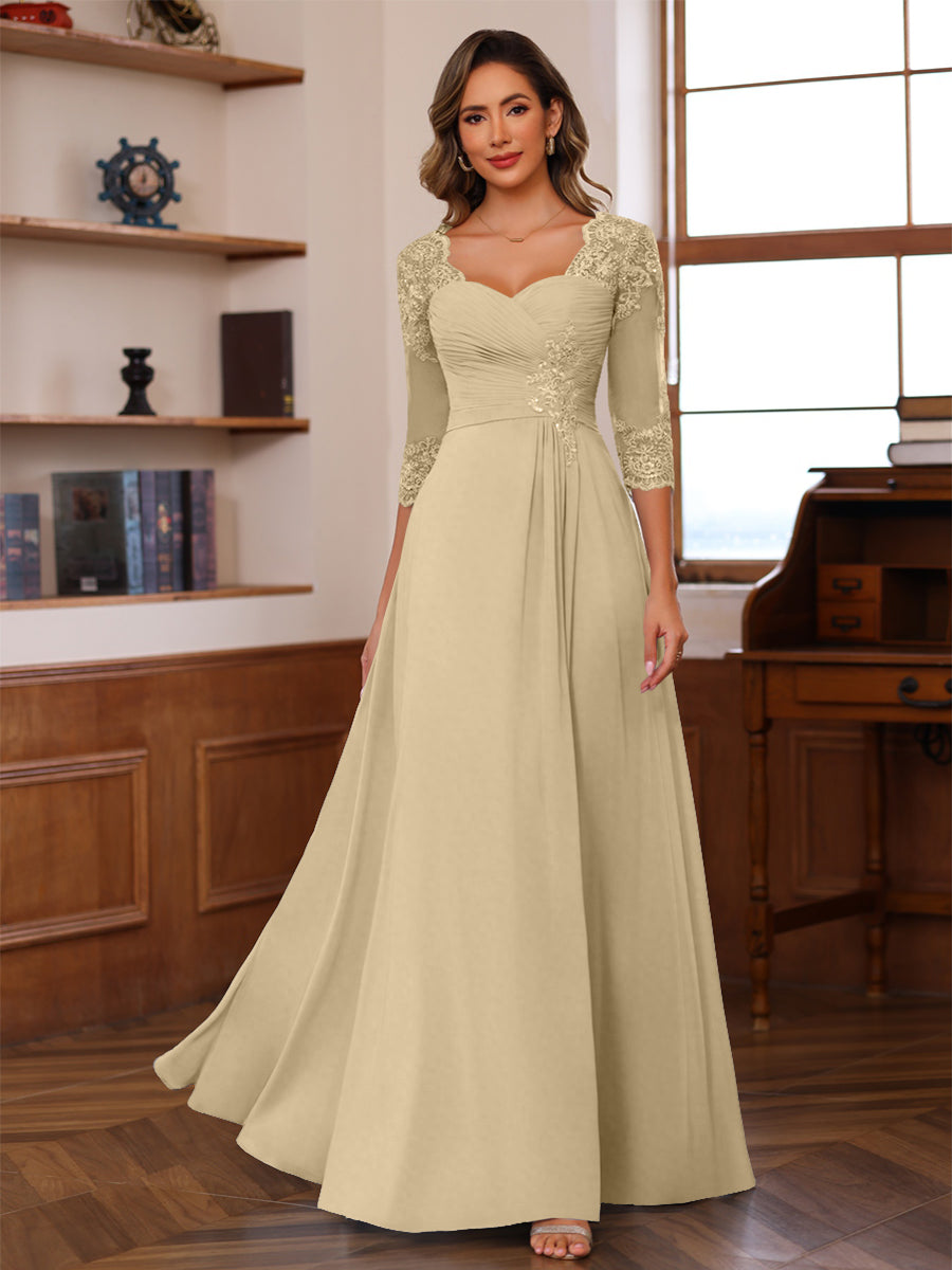 A-Line/Princess V-Neck 3/4 Sleeves Mother of the Bride Dresses with Pleated Lace Appliques