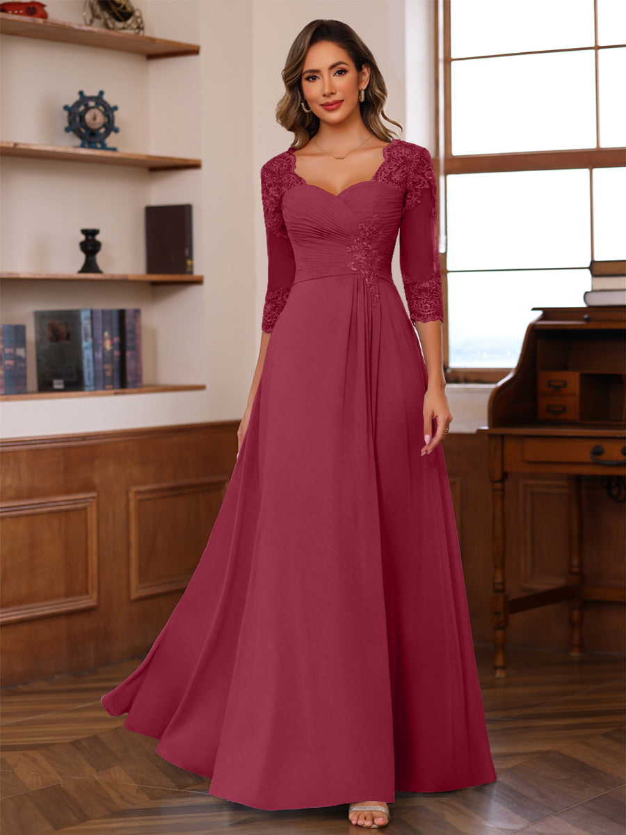 A-Line/Princess V-Neck 3/4 Sleeves Mother of the Bride Dresses with Pleated Lace Appliques