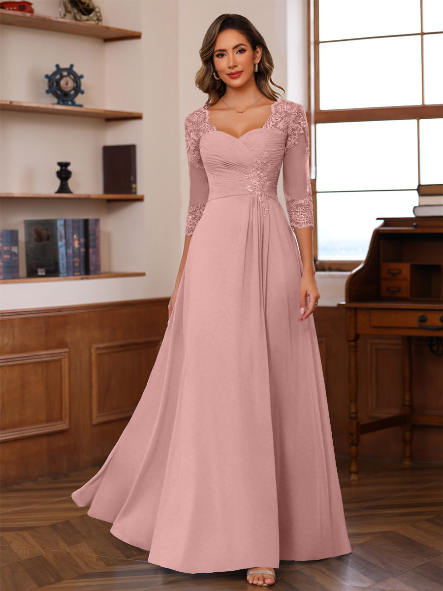 A-Line/Princess V-Neck 3/4 Sleeves Mother of the Bride Dresses with Pleated Lace Appliques