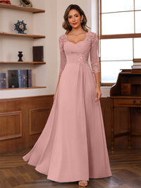 A-Line/Princess V-Neck 3/4 Sleeves Mother of the Bride Dresses with Pleated Lace Appliques