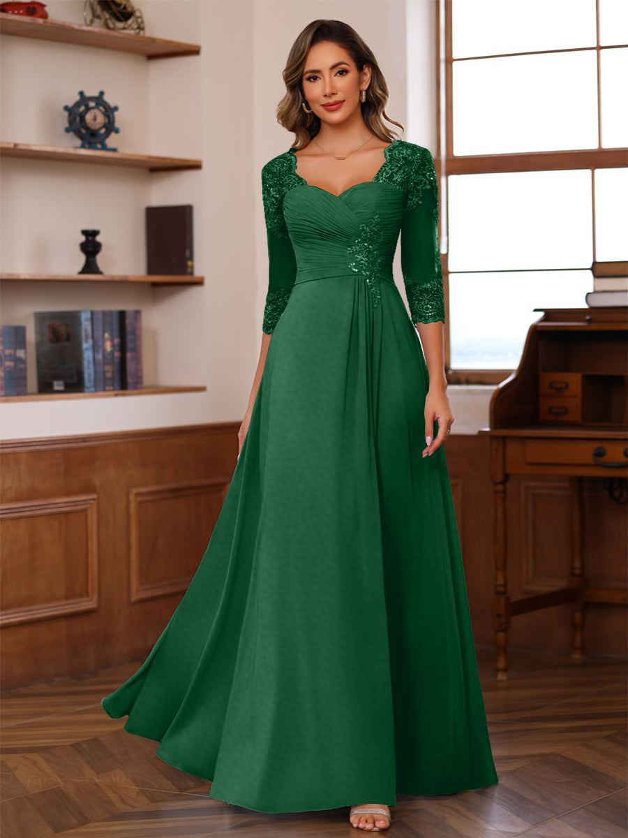 A-Line/Princess V-Neck 3/4 Sleeves Mother of the Bride Dresses with Pleated Lace Appliques