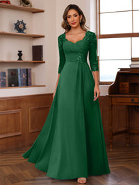 A-Line/Princess V-Neck 3/4 Sleeves Mother of the Bride Dresses with Pleated Lace Appliques