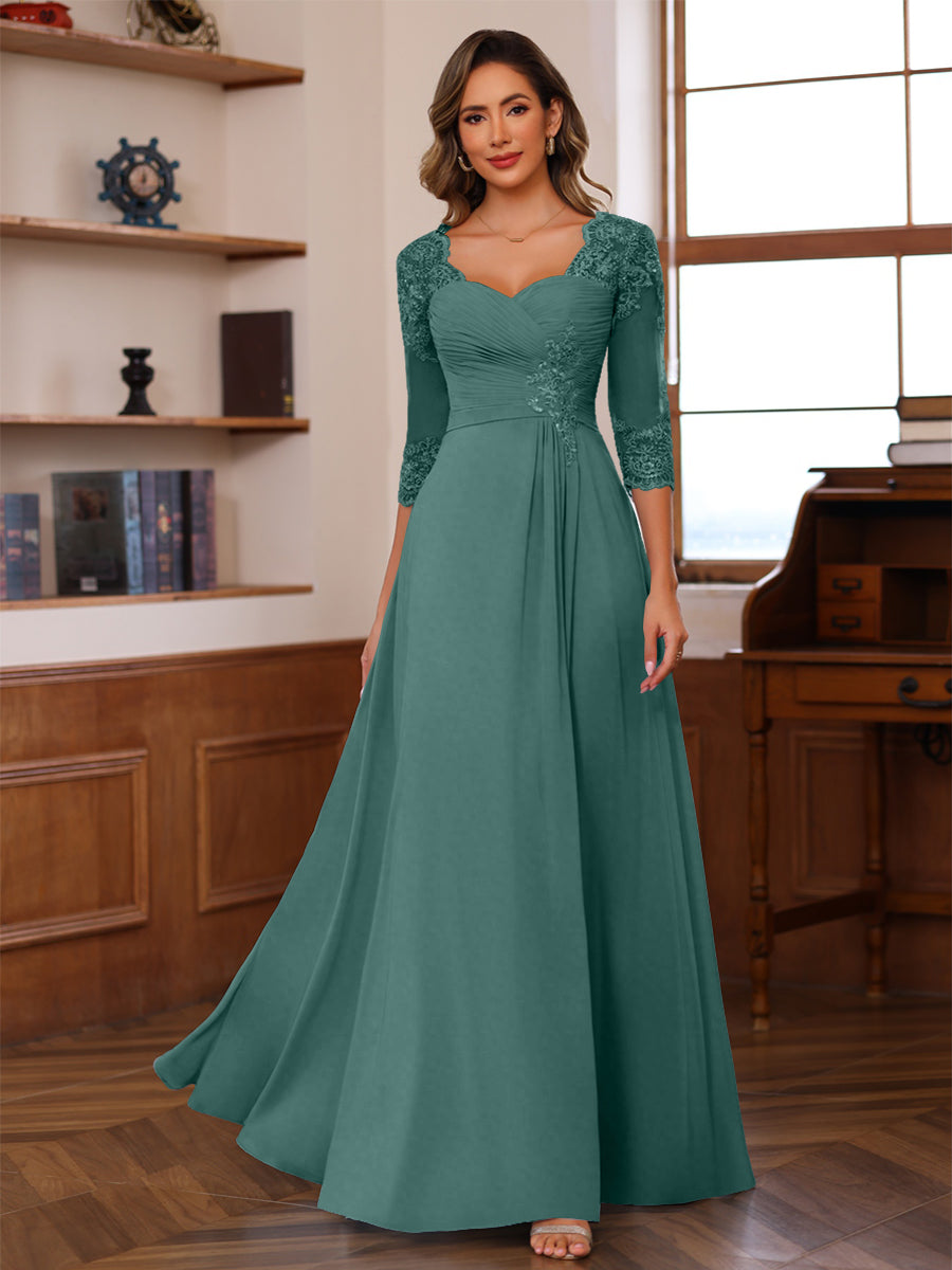 A-Line/Princess V-Neck 3/4 Sleeves Mother of the Bride Dresses with Pleated Lace Appliques