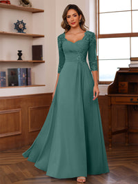 A-Line/Princess V-Neck 3/4 Sleeves Mother of the Bride Dresses with Pleated Lace Appliques