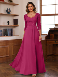 A-Line/Princess V-Neck 3/4 Sleeves Mother of the Bride Dresses with Pleated Lace Appliques
