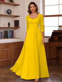 A-Line/Princess V-Neck 3/4 Sleeves Mother of the Bride Dresses with Pleated Lace Appliques