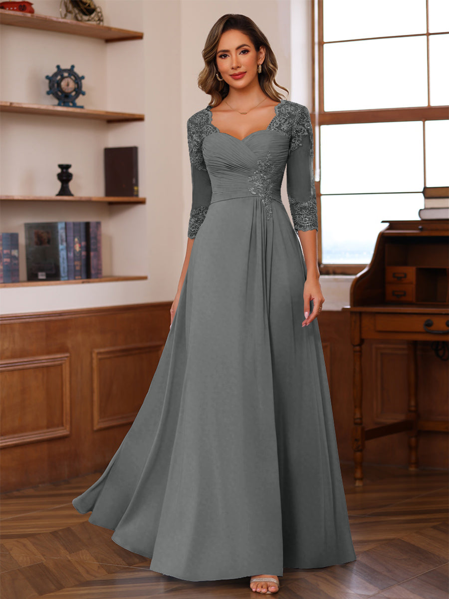 A-Line/Princess V-Neck 3/4 Sleeves Mother of the Bride Dresses with Pleated Lace Appliques
