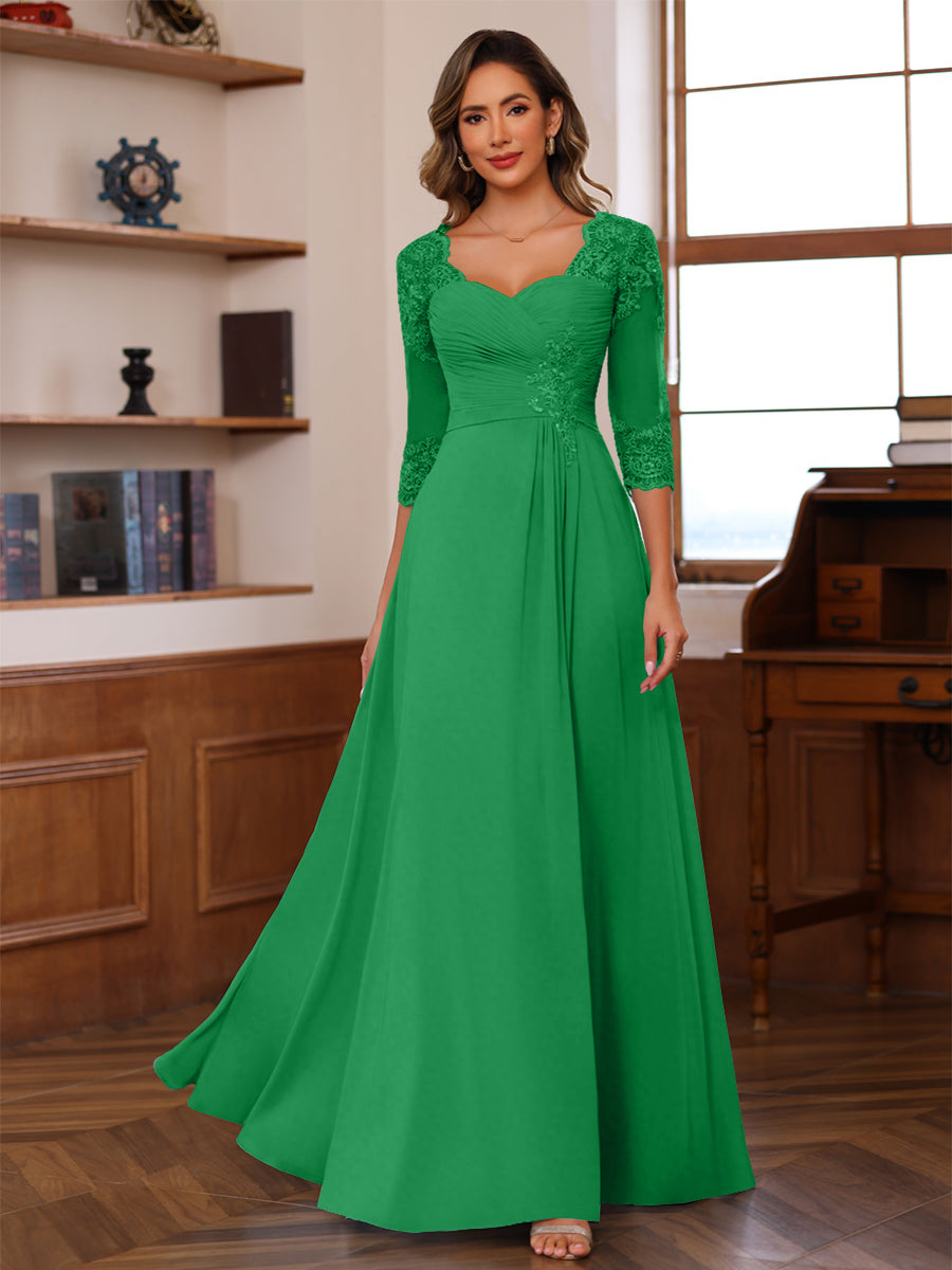A-Line/Princess V-Neck 3/4 Sleeves Mother of the Bride Dresses with Pleated Lace Appliques