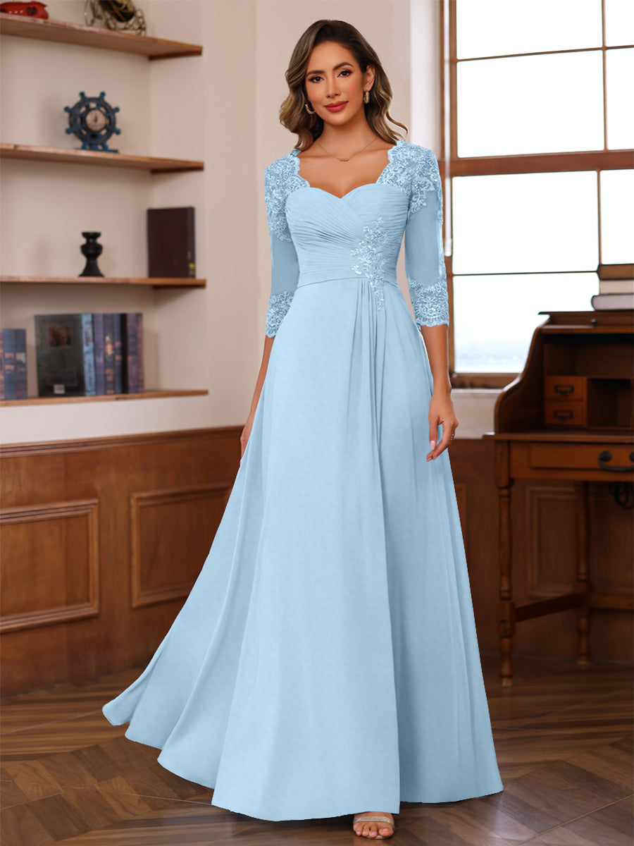 A-Line/Princess V-Neck 3/4 Sleeves Mother of the Bride Dresses with Pleated Lace Appliques