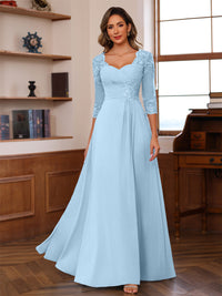 A-Line/Princess V-Neck 3/4 Sleeves Mother of the Bride Dresses with Pleated Lace Appliques