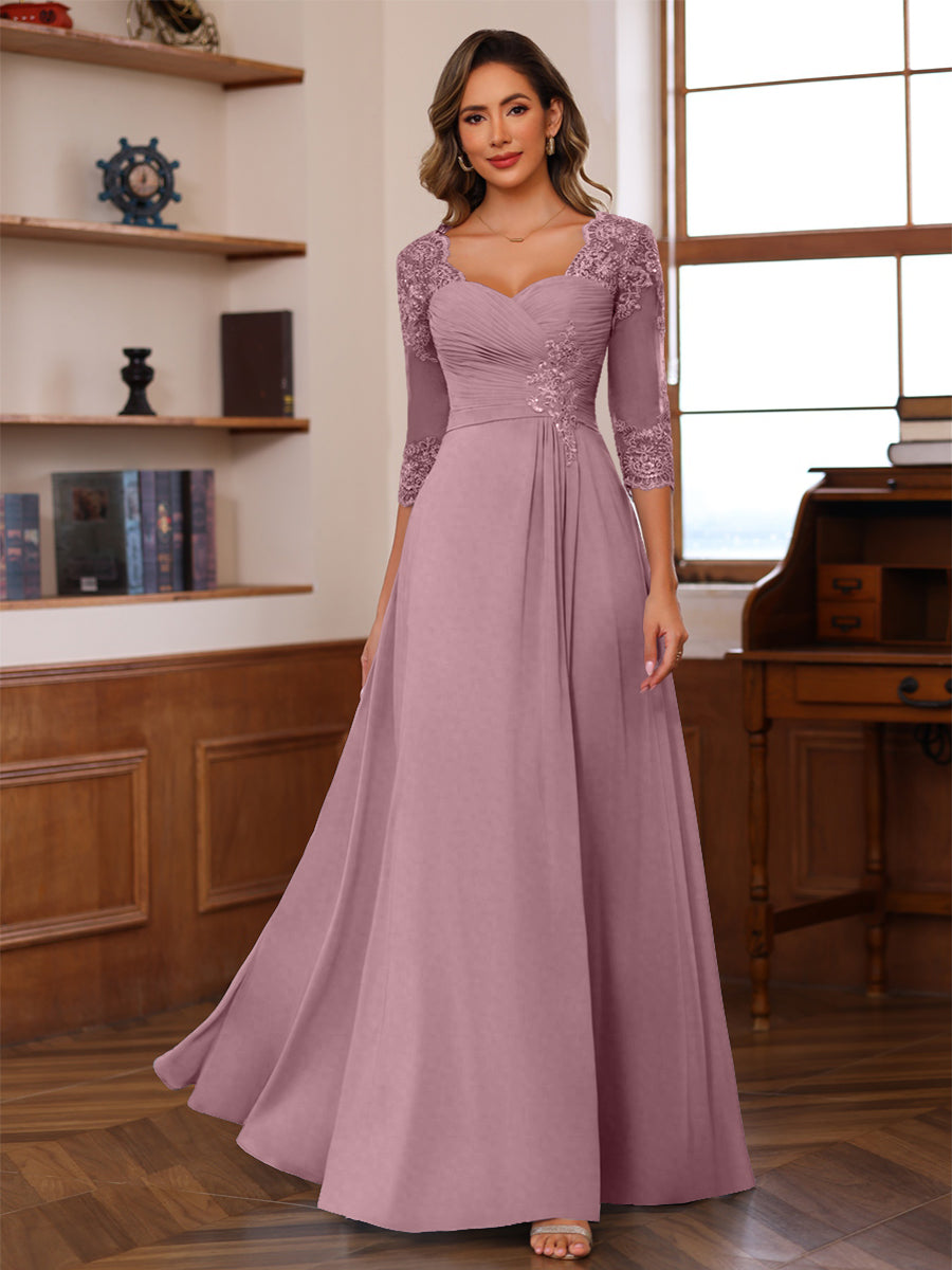 A-Line/Princess V-Neck 3/4 Sleeves Mother of the Bride Dresses with Pleated Lace Appliques