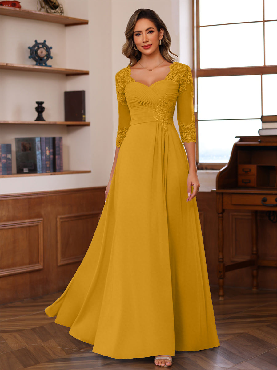 A-Line/Princess V-Neck 3/4 Sleeves Mother of the Bride Dresses with Pleated Lace Appliques