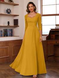 A-Line/Princess V-Neck 3/4 Sleeves Mother of the Bride Dresses with Pleated Lace Appliques