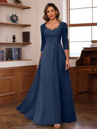 A-Line/Princess V-Neck 3/4 Sleeves Mother of the Bride Dresses with Pleated Lace Appliques