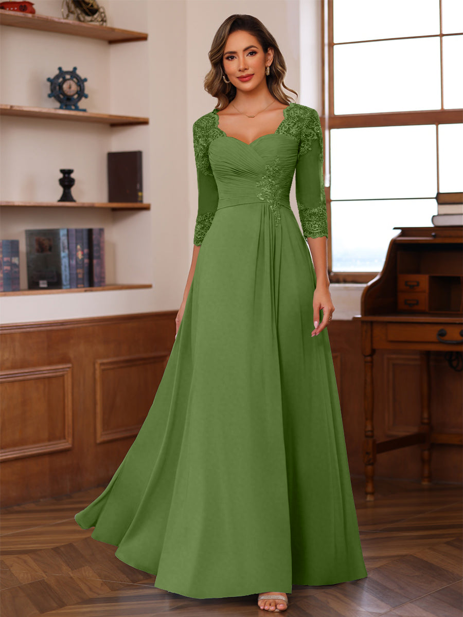 A-Line/Princess V-Neck 3/4 Sleeves Mother of the Bride Dresses with Pleated Lace Appliques