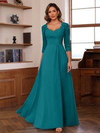 A-Line/Princess V-Neck 3/4 Sleeves Mother of the Bride Dresses with Pleated Lace Appliques