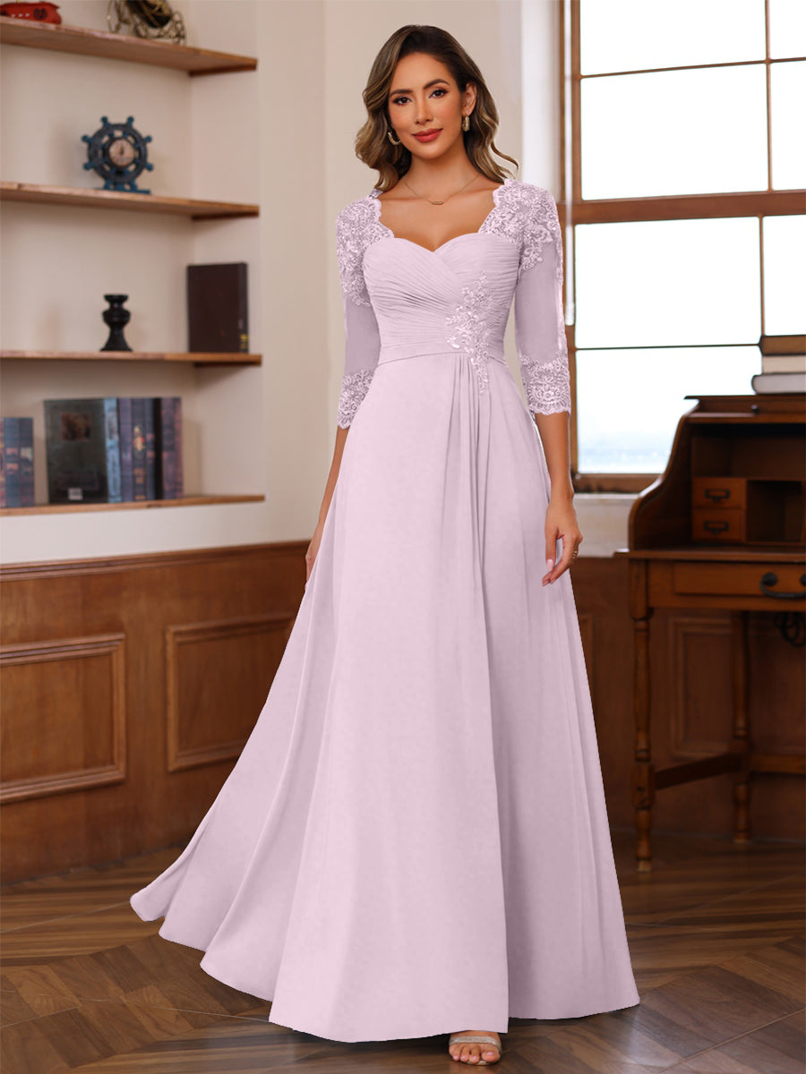 A-Line/Princess V-Neck 3/4 Sleeves Mother of the Bride Dresses with Pleated Lace Appliques