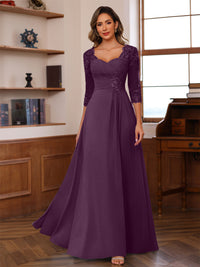 A-Line/Princess V-Neck 3/4 Sleeves Mother of the Bride Dresses with Pleated Lace Appliques
