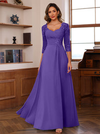A-Line/Princess V-Neck 3/4 Sleeves Mother of the Bride Dresses with Pleated Lace Appliques