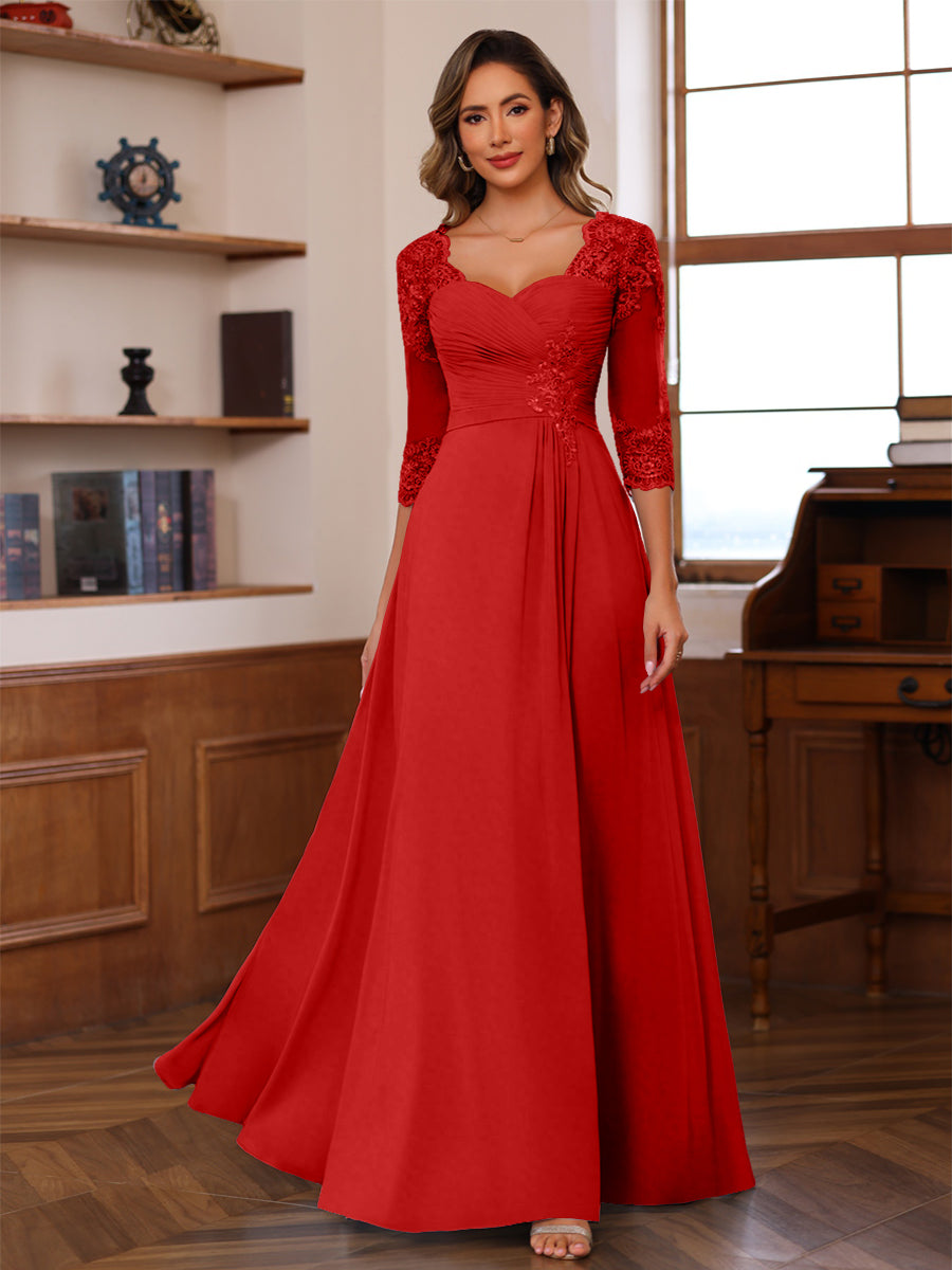 A-Line/Princess V-Neck 3/4 Sleeves Mother of the Bride Dresses with Pleated Lace Appliques