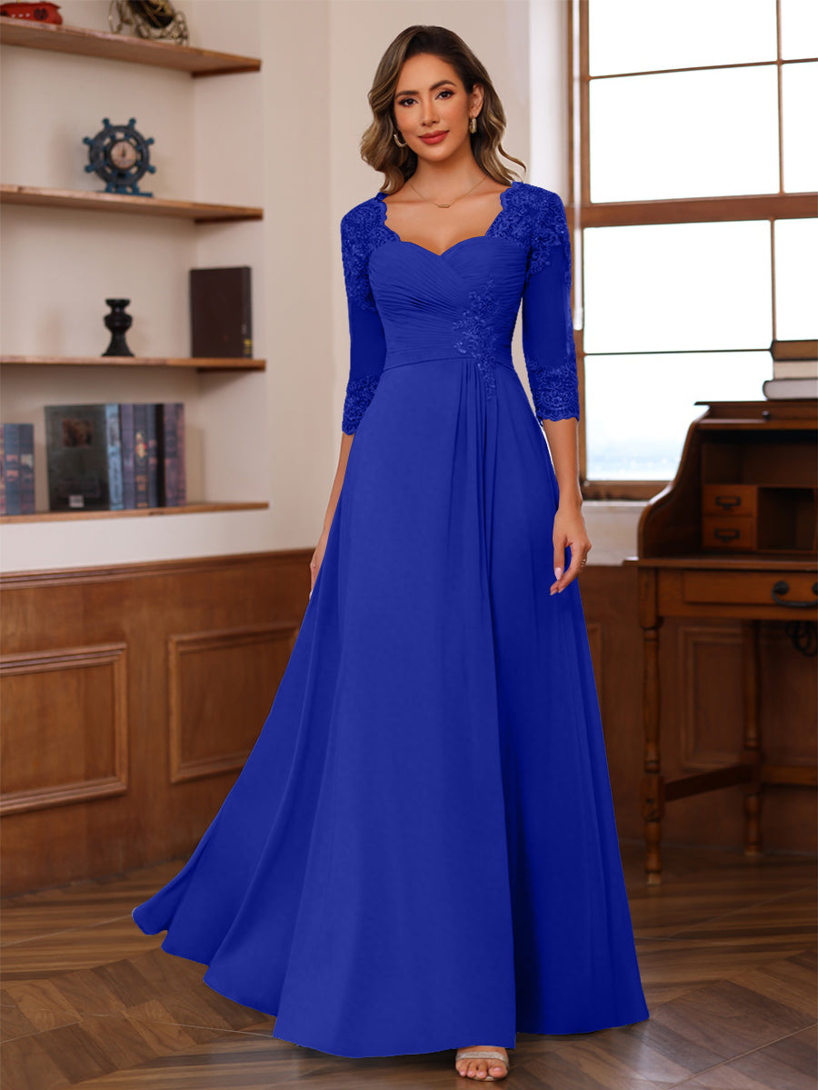 A-Line/Princess V-Neck 3/4 Sleeves Mother of the Bride Dresses with Pleated Lace Appliques