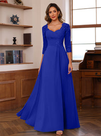 A-Line/Princess V-Neck 3/4 Sleeves Mother of the Bride Dresses with Pleated Lace Appliques