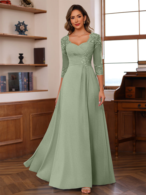 A-Line/Princess V-Neck 3/4 Sleeves Mother of the Bride Dresses with Pleated Lace Appliques