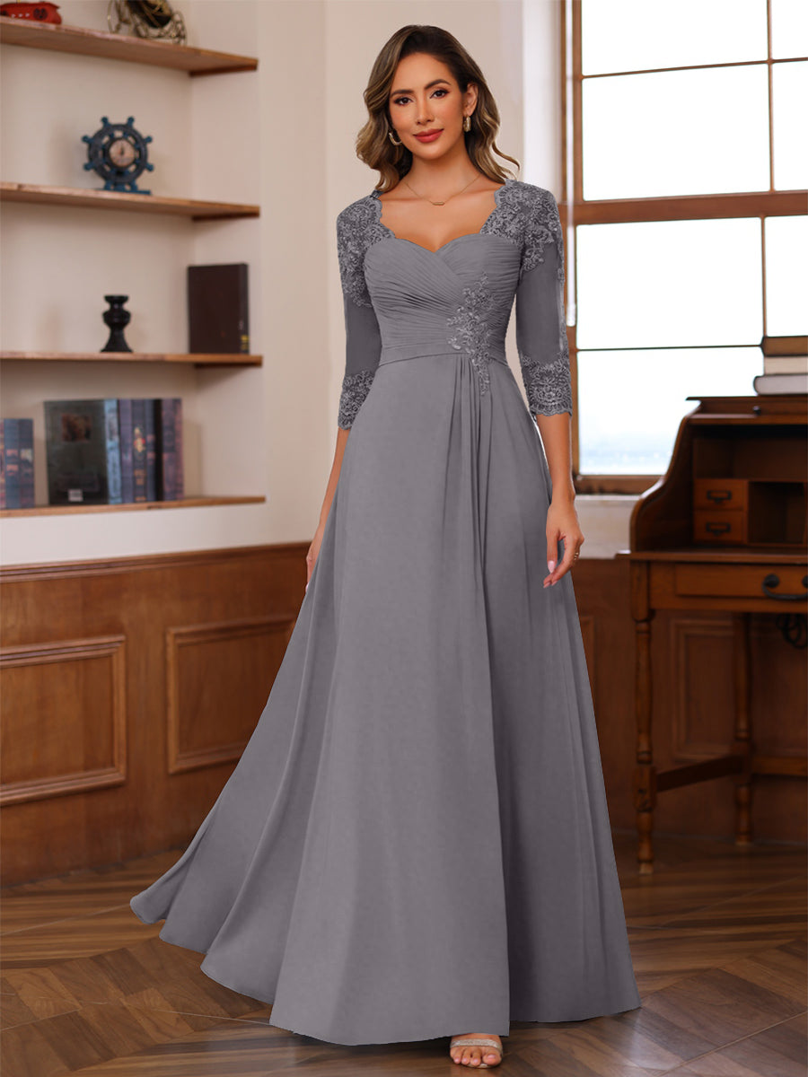 A-Line/Princess V-Neck 3/4 Sleeves Mother of the Bride Dresses with Pleated Lace Appliques