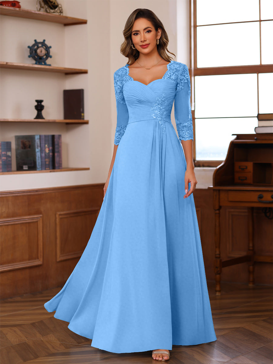 A-Line/Princess V-Neck 3/4 Sleeves Mother of the Bride Dresses with Pleated Lace Appliques