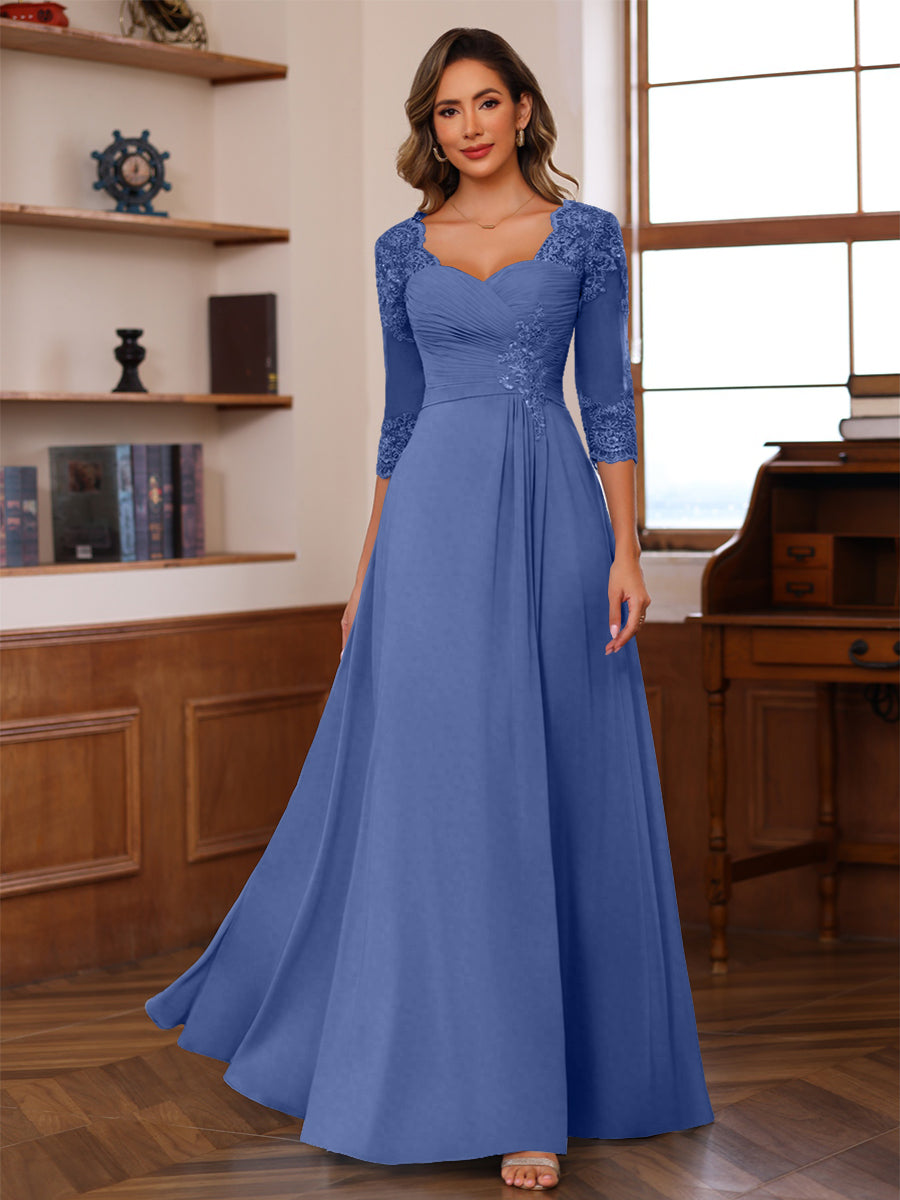A-Line/Princess V-Neck 3/4 Sleeves Mother of the Bride Dresses with Pleated Lace Appliques