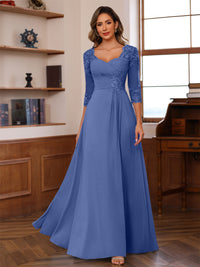 A-Line/Princess V-Neck 3/4 Sleeves Mother of the Bride Dresses with Pleated Lace Appliques