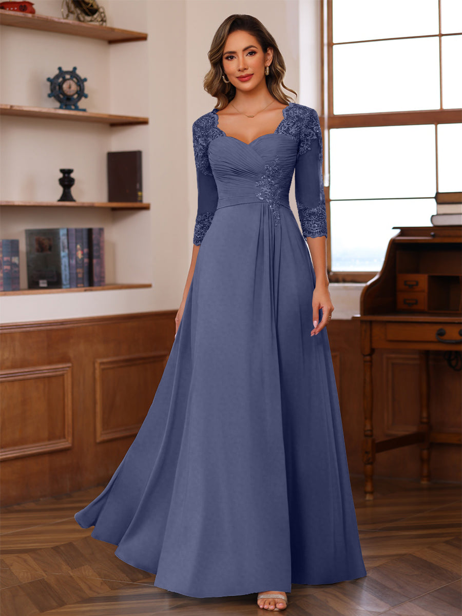 A-Line/Princess V-Neck 3/4 Sleeves Mother of the Bride Dresses with Pleated Lace Appliques